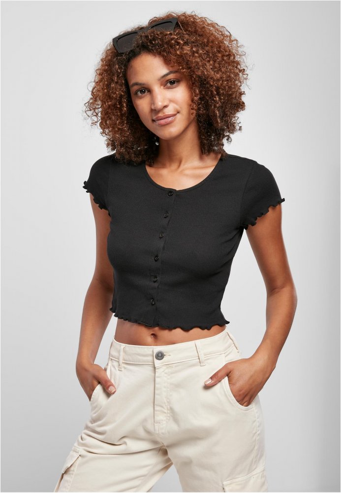 Ladies Cropped Button Up Rib Tee - black S