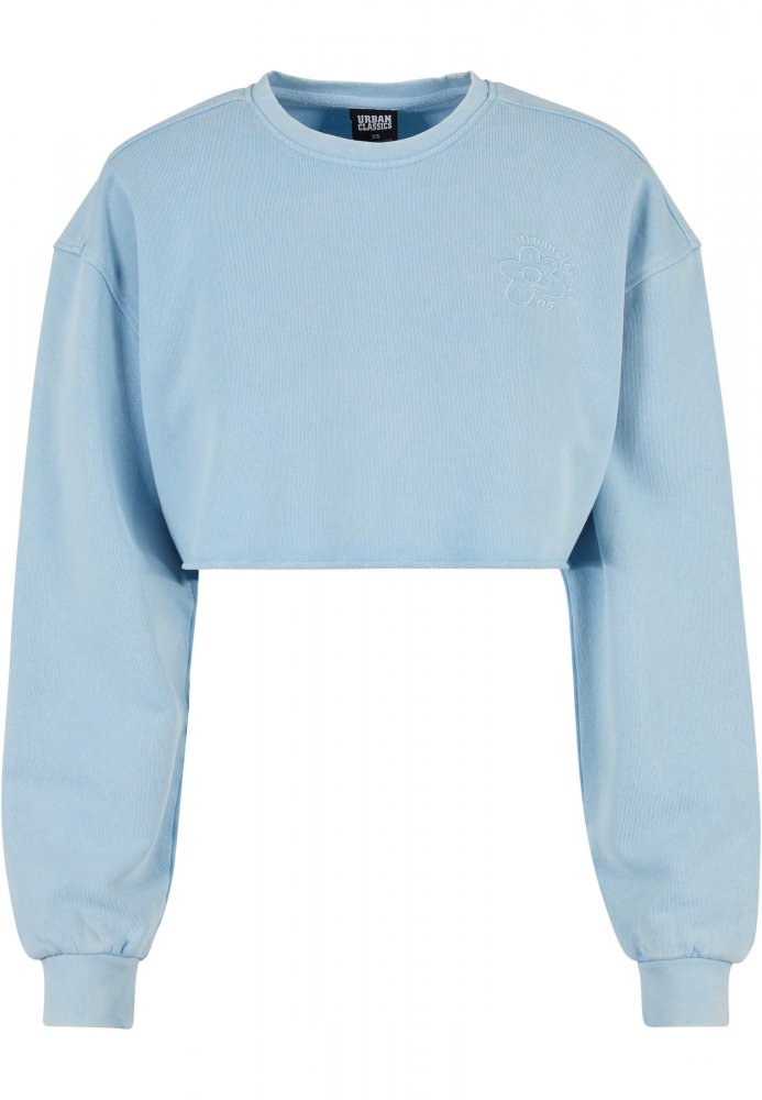 Ladies Cropped Flower Embroidery Terry Crewneck - balticblue S