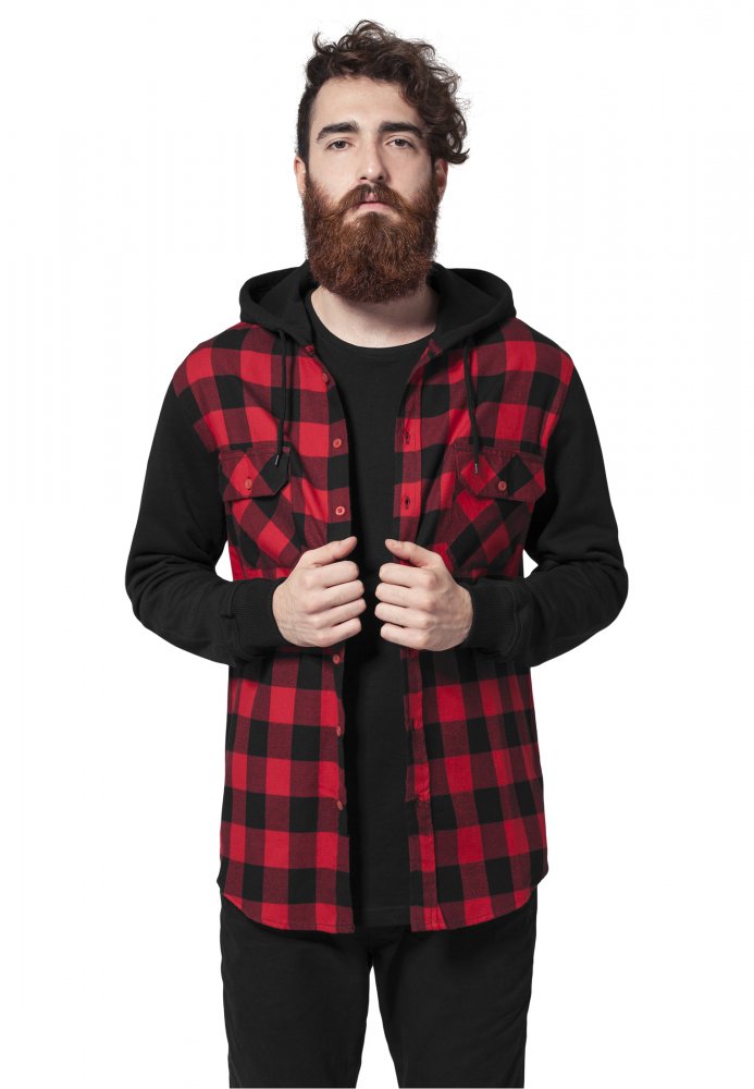 Hooded Checked Flanell Sweat Sleeve Shirt - blk/red/bl M