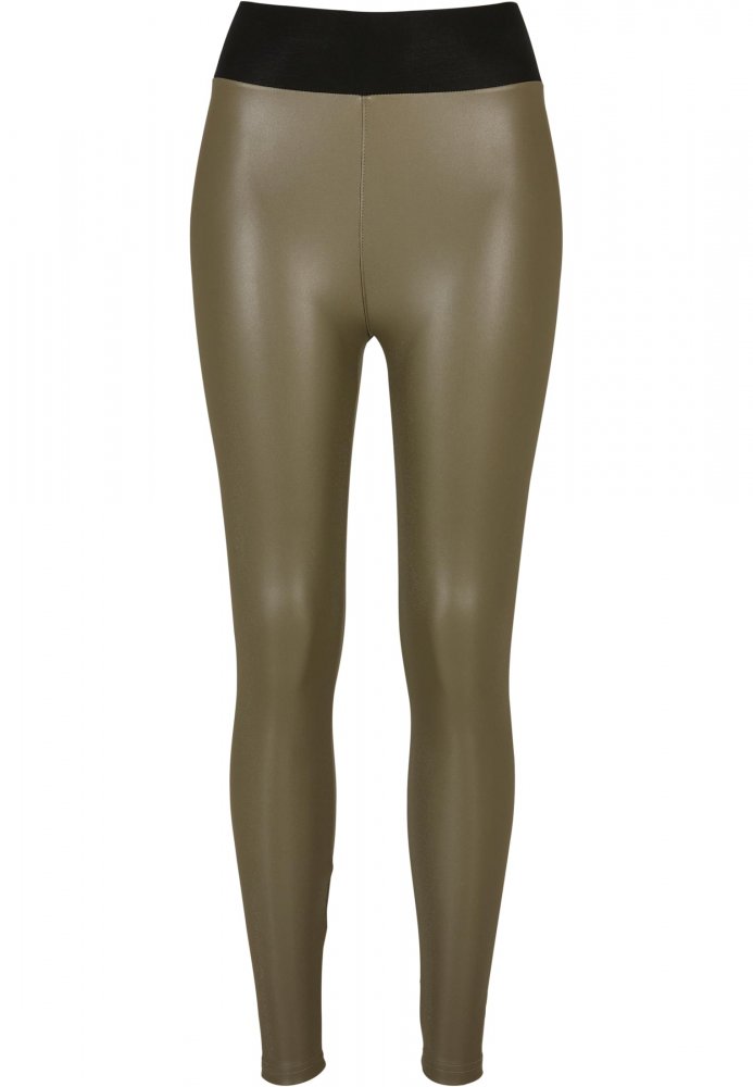 Ladies Faux Leather High Waist Leggings - olive S