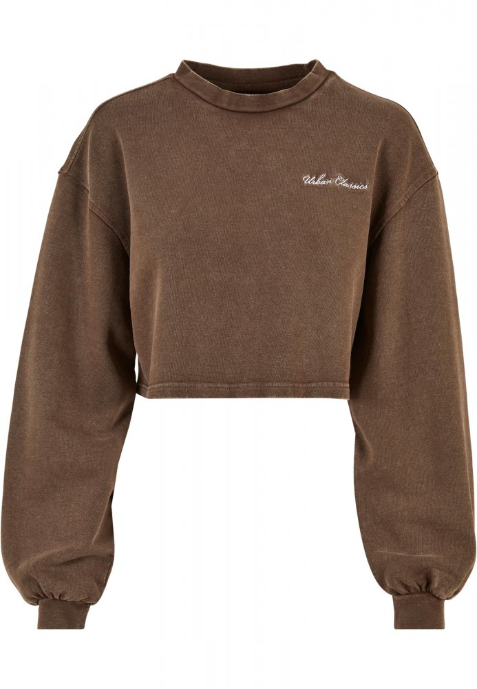 Ladies Cropped Small Embroidery Terry Crewneck - brown L