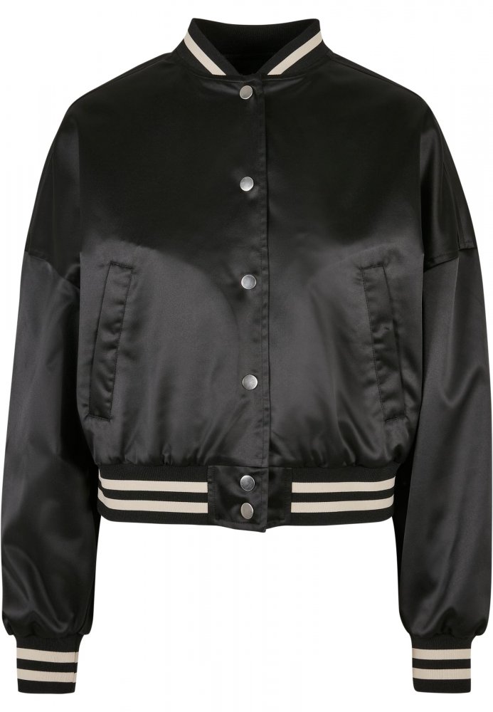 Ladies Short Oversized Satin College Jacket - black 5XL