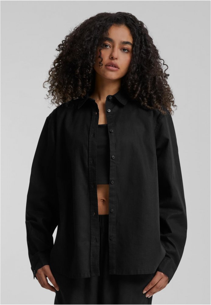 Ladies Linen Mixed Oversized Shirt - black 3XL
