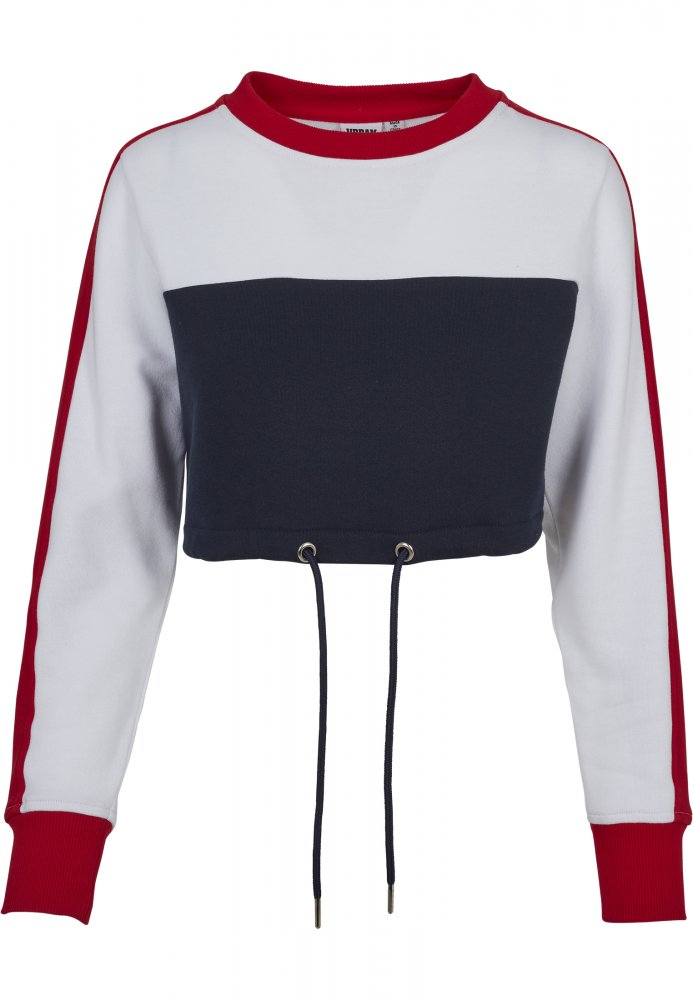 Ladies Cropped 3-Tone Stripe Crew - navy/white/fire red L