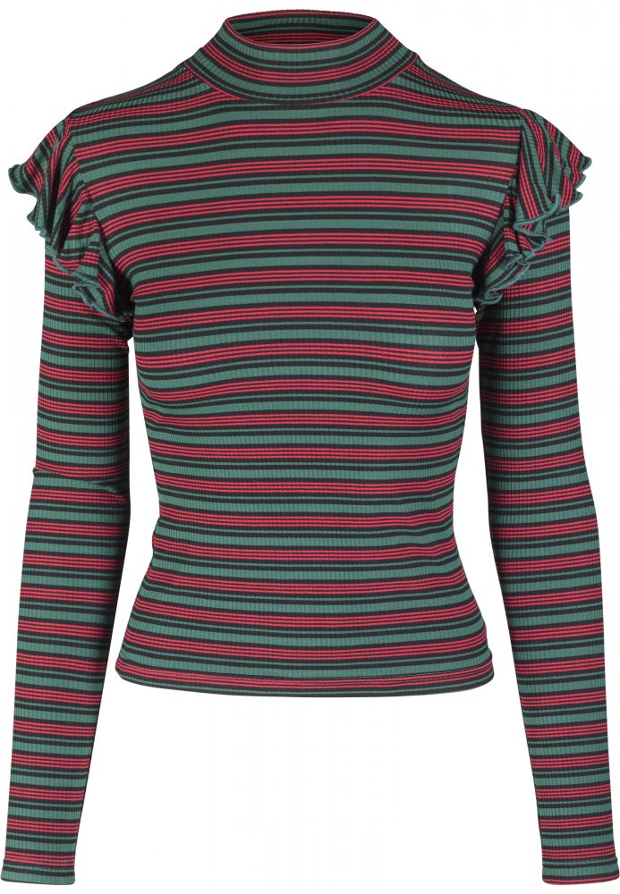 Ladies Rib Striped Volant Turtleneck L/S - green/black/firered XS