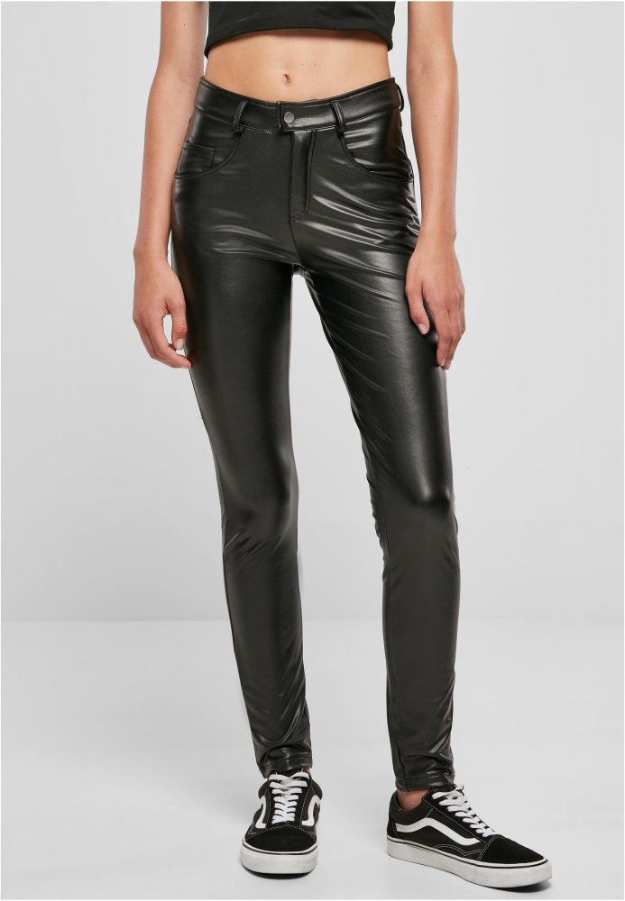 Ladies Mid Waist Synthetic Leather Pants - black 34