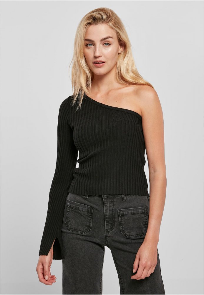 Ladies Short Rib Knit One Sleeve Sweater - black 3XL