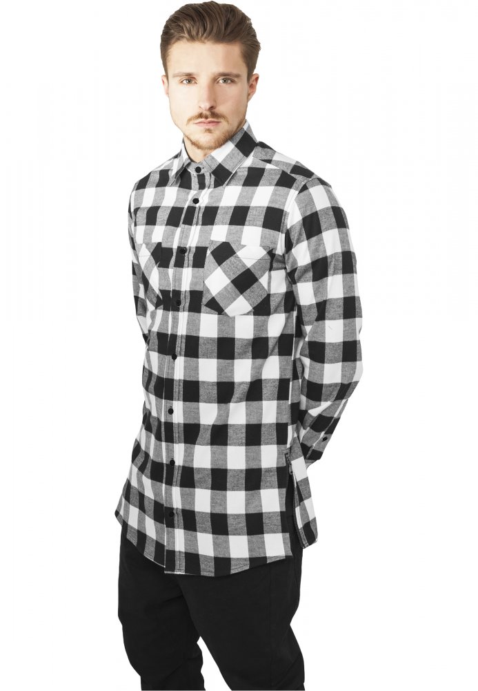 Side-Zip Long Checked Flanell Shirt - blk/wht S
