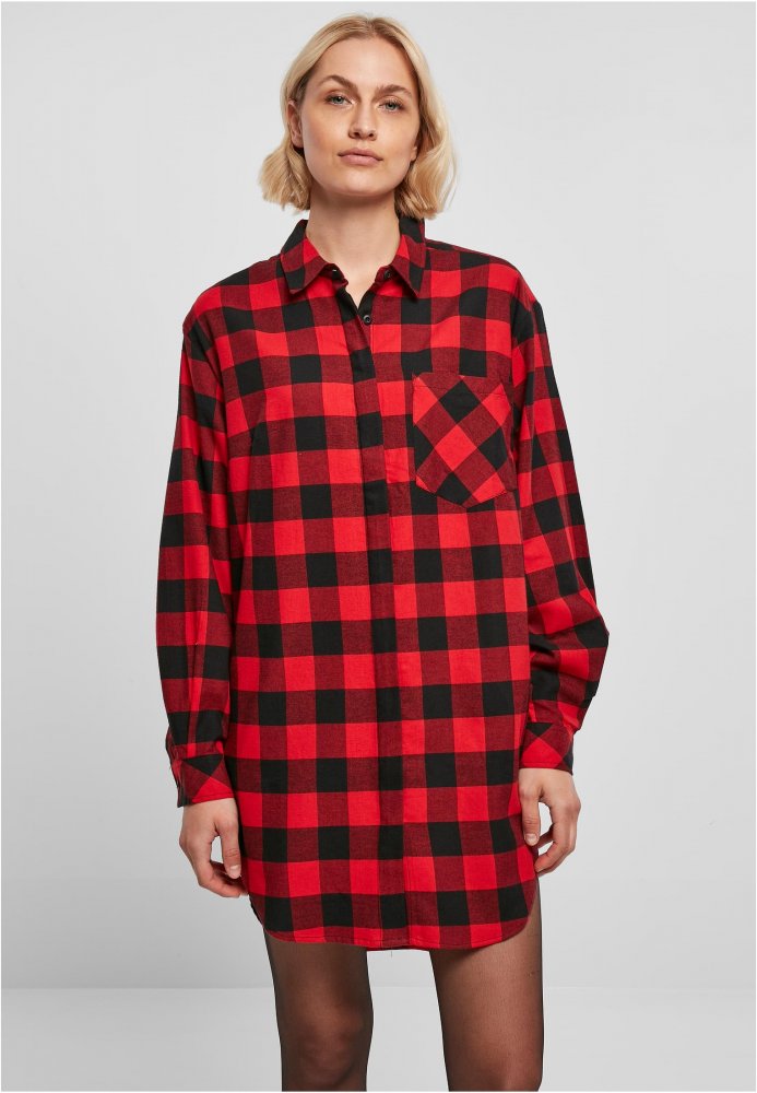 Ladies Oversized Check Flannel Shirt Dress - black/red L