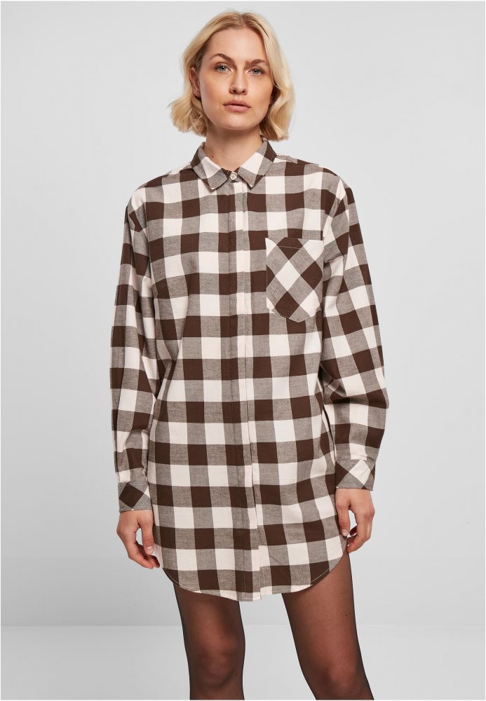 Ladies Oversized Check Flannel Shirt Dress - pink/brown S
