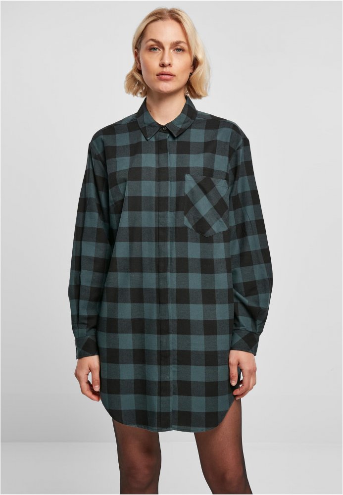 Ladies Oversized Check Flannel Shirt Dress - jasper/black XS