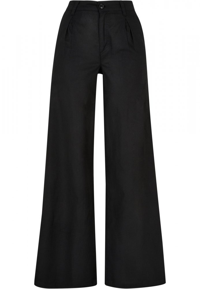 Ladies High Linen Mixed Wide Leg Pants - black 30
