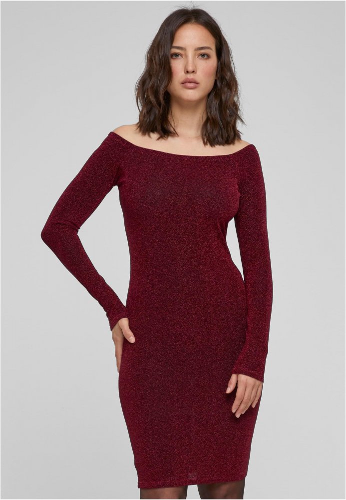 Ladies Off Shoulder Longsleeve Glitter Dress - burgundy XS