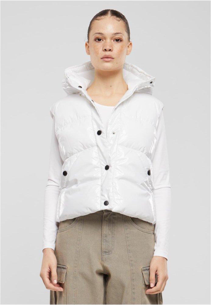 Ladies Recycled Shiny Puffer Vest with Hood - white L