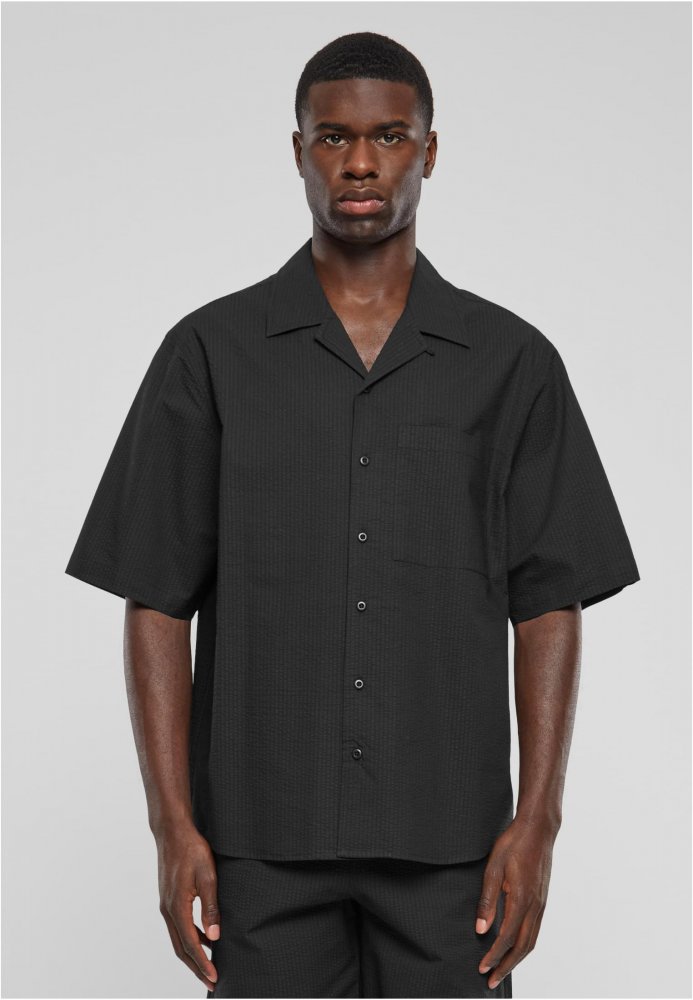 Relaxed Seersucker Short Sleeve Shirt - black S