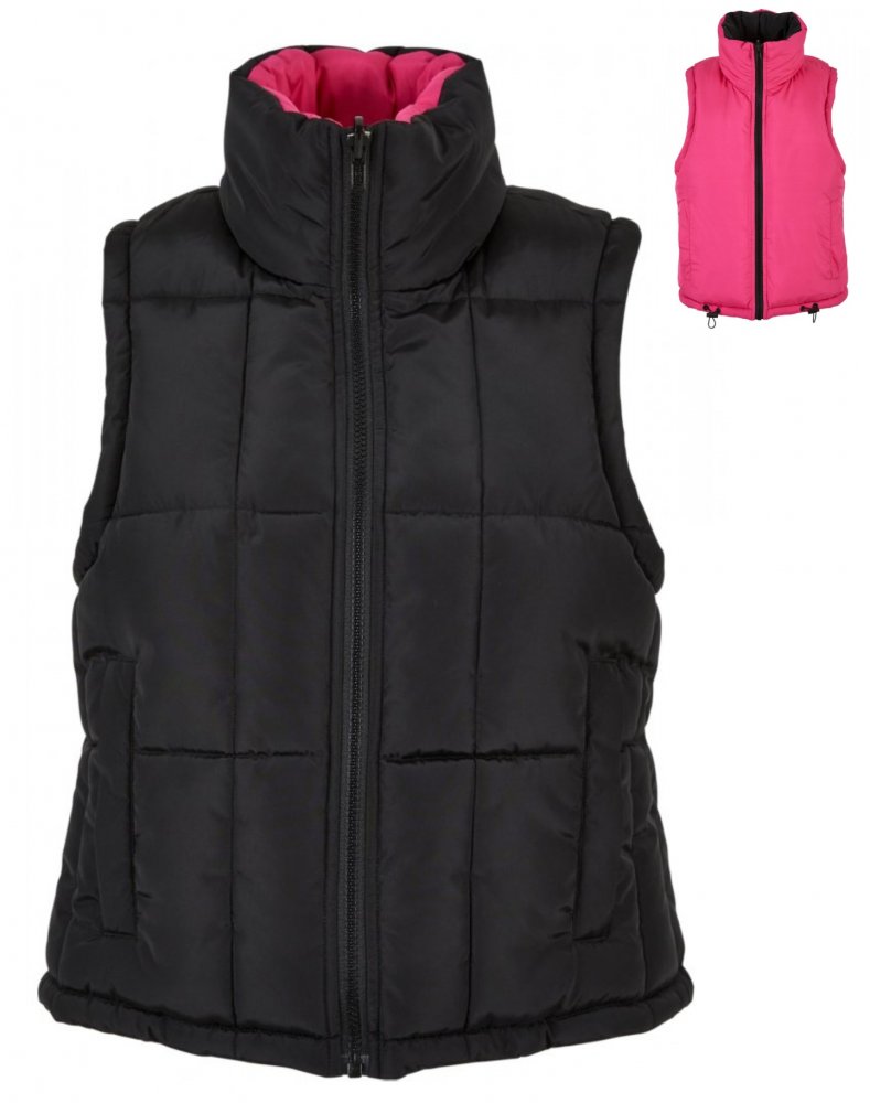 Ladies Reversible Cropped Puffer Vest - black/fuchsia XS
