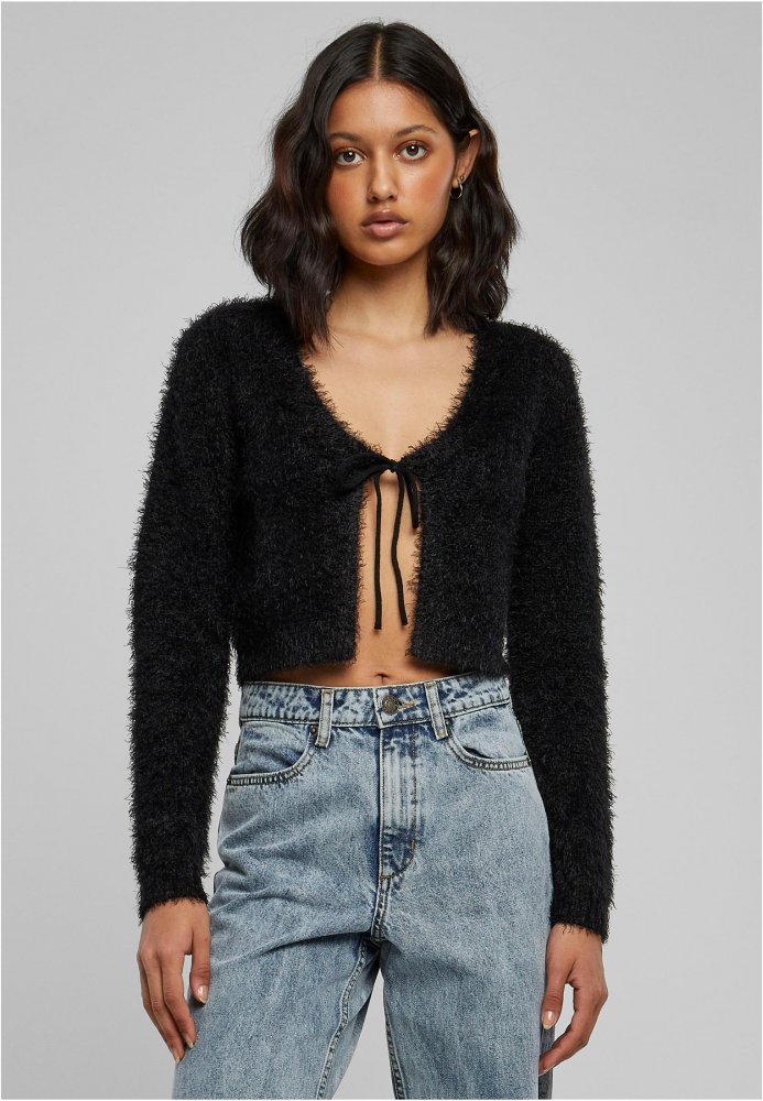 Ladies Tied Cropped Feather Cardigan - black XS