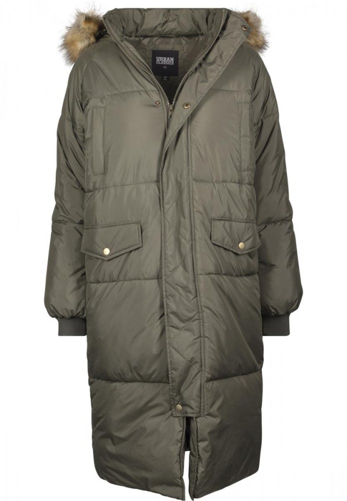 Olivový dámský kabát Urban Classics Ladies Oversize Faux Fur Puffer Coat 4XL