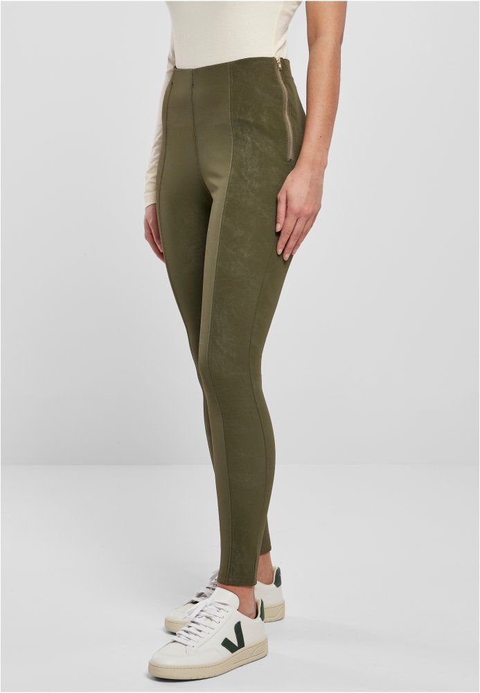Ladies Washed Faux Leather Pants - olive M