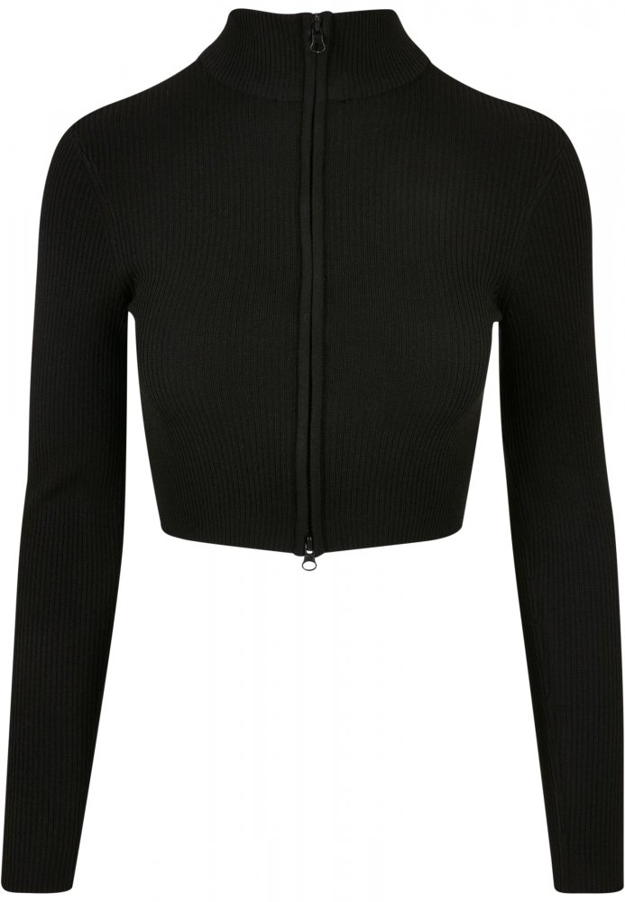 Ladies Cropped Rib Knit Zip Cardigan - black XL