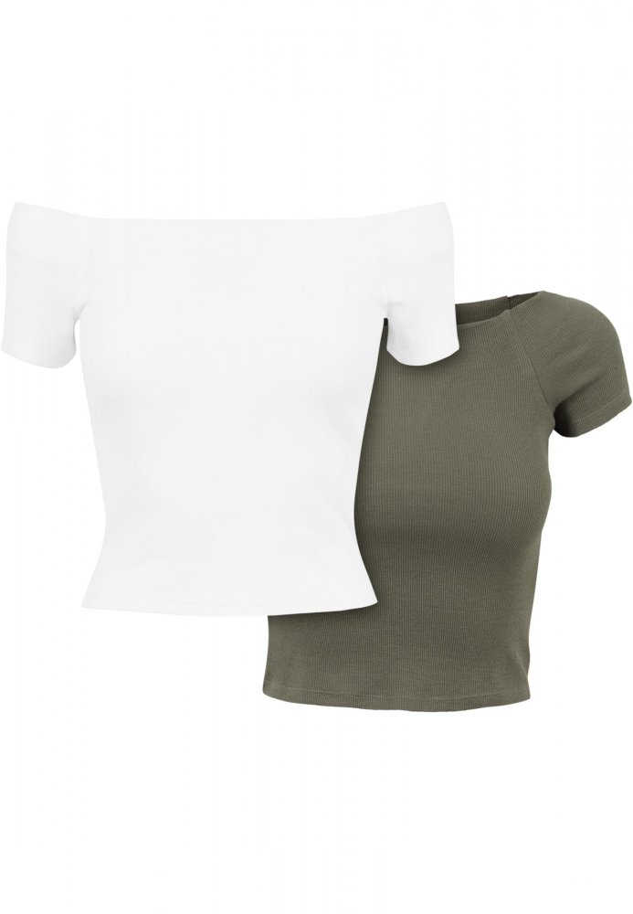 Ladies Off Shoulder Rib Tee 2-Pack - white+olive XL