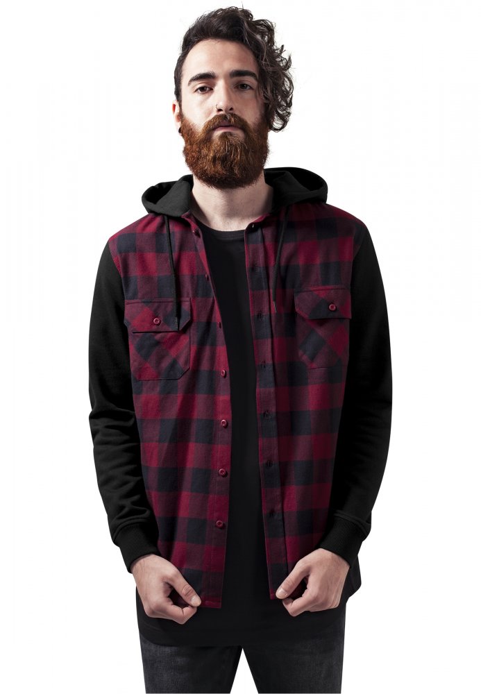 Hooded Checked Flanell Sweat Sleeve Shirt - blk/burgundy/blk M