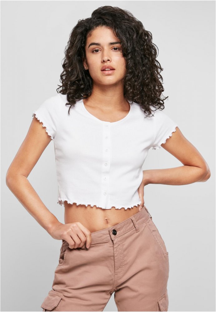 Ladies Cropped Button Up Rib Tee - white L