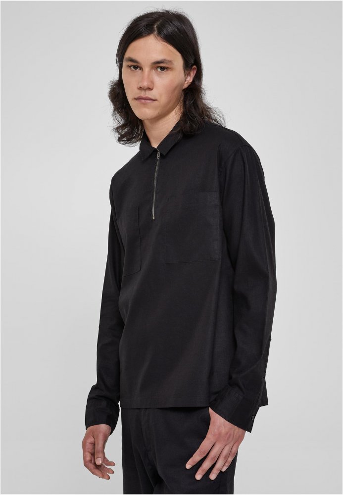 Cotton Linen Half Zip Shirt - black 4XL