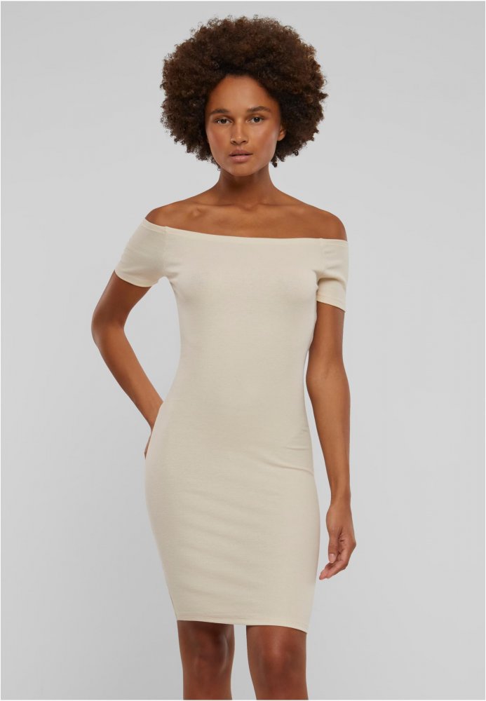 Ladies Off Shoulder Rib Dress - whitesand XL