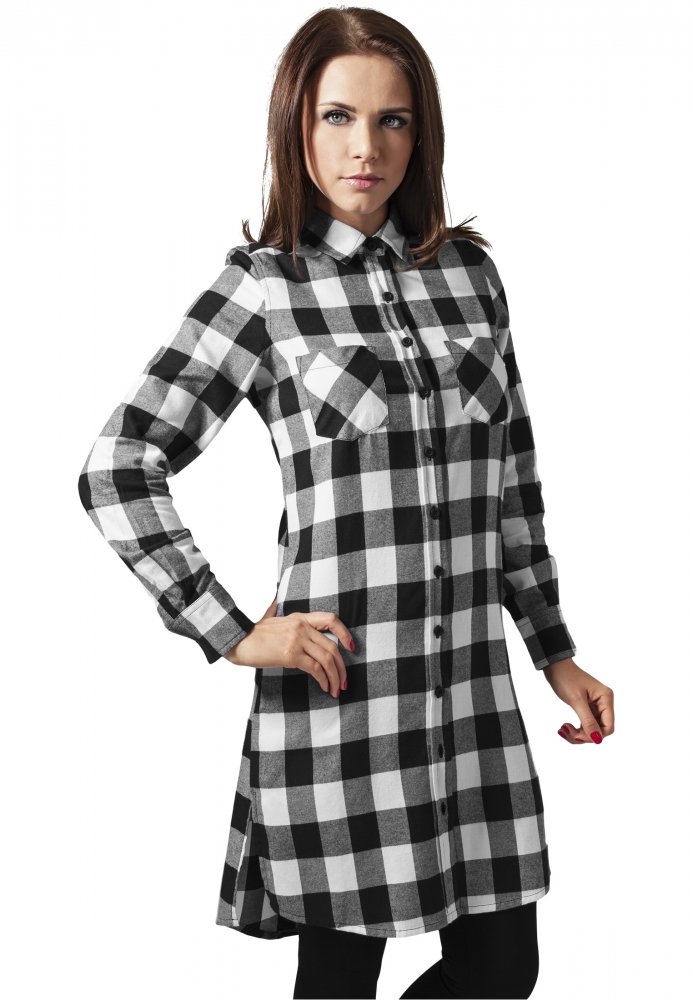 Ladies Checked Flanell Shirt Dress - blk/wht XS