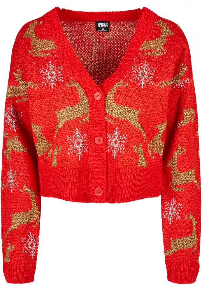 Ladies Short Oversized Christmas Cardigan - red/gold S