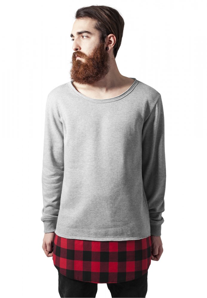 Long Flanell Bottom Open Edge Crewneck - gry/blk/red L