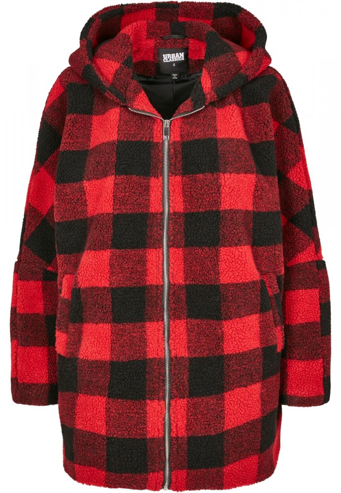 Ladies Hooded Oversized Check Sherpa Jacket - firered/blk 5XL