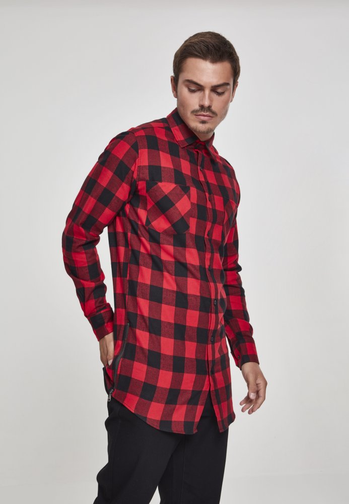 Side-Zip Long Checked Flanell Shirt - blk/red S