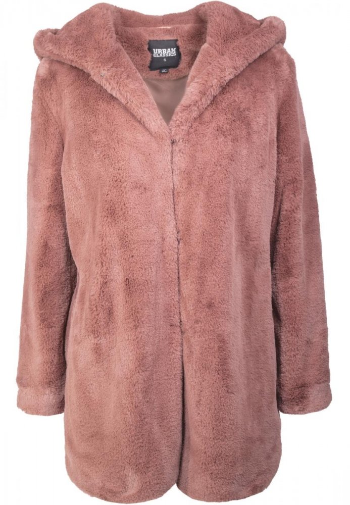 Starorůžový dámský kabát Urban Classics Ladies Hooded Teddy Coat M